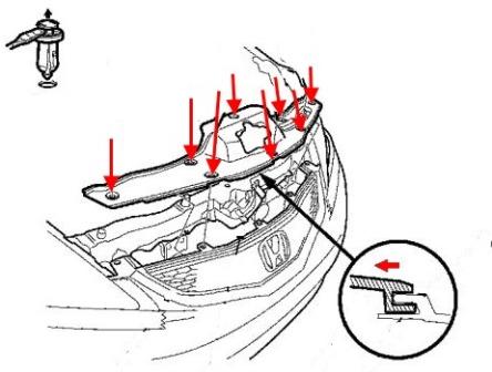 the scheme of fastening of a forward bumper for Honda Fit/Jazz (2007-2013)